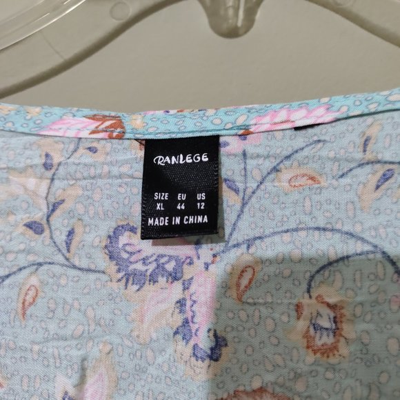 Light Blue Multicolored Floral Short Sleeve V-Neck Boho Womens Wrap Tie Dress - Picture 5 of 5